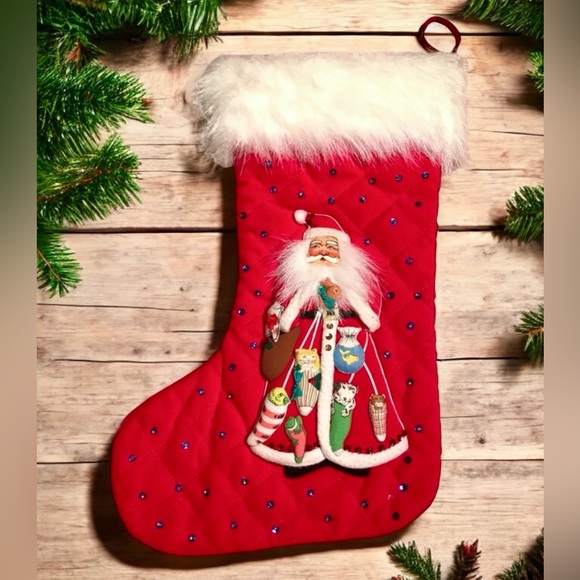 Vintage Quilted Sequin Santa Animals Pets Christmas Stocking Fur Cuff 18" Kitsch - Picture 1 of 14